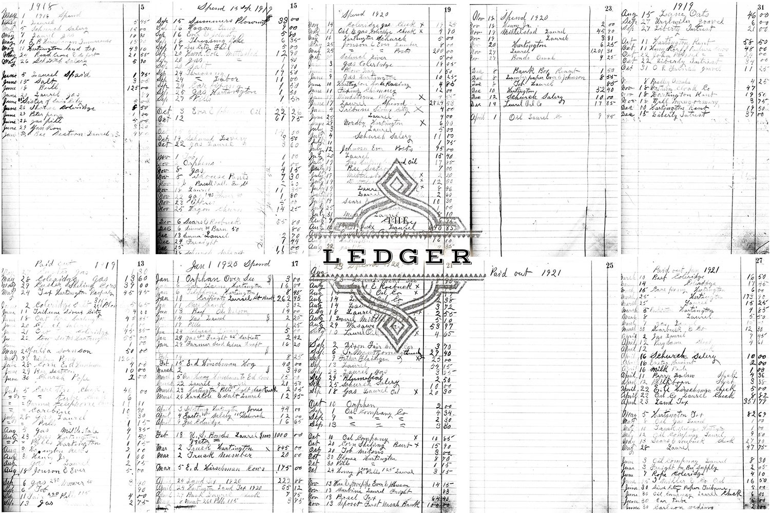 Digital ledger papers and overlay graphics.