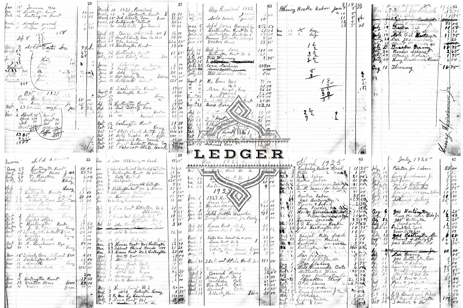 Digital ledger papers and overlay graphics.