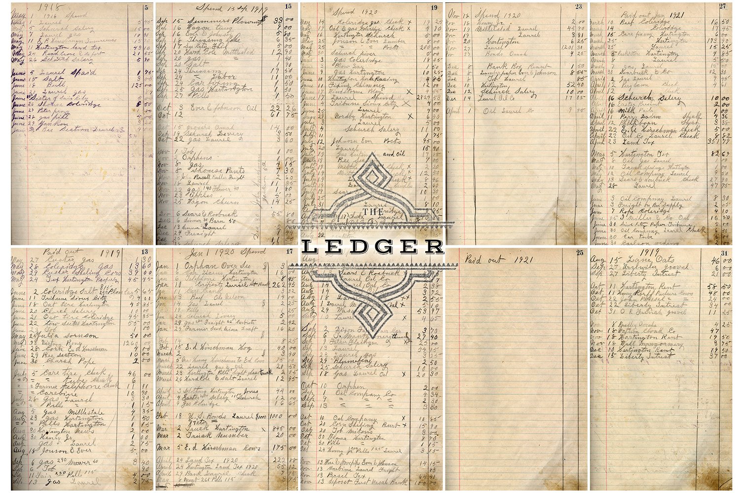 Digital ledger papers and overlay graphics.