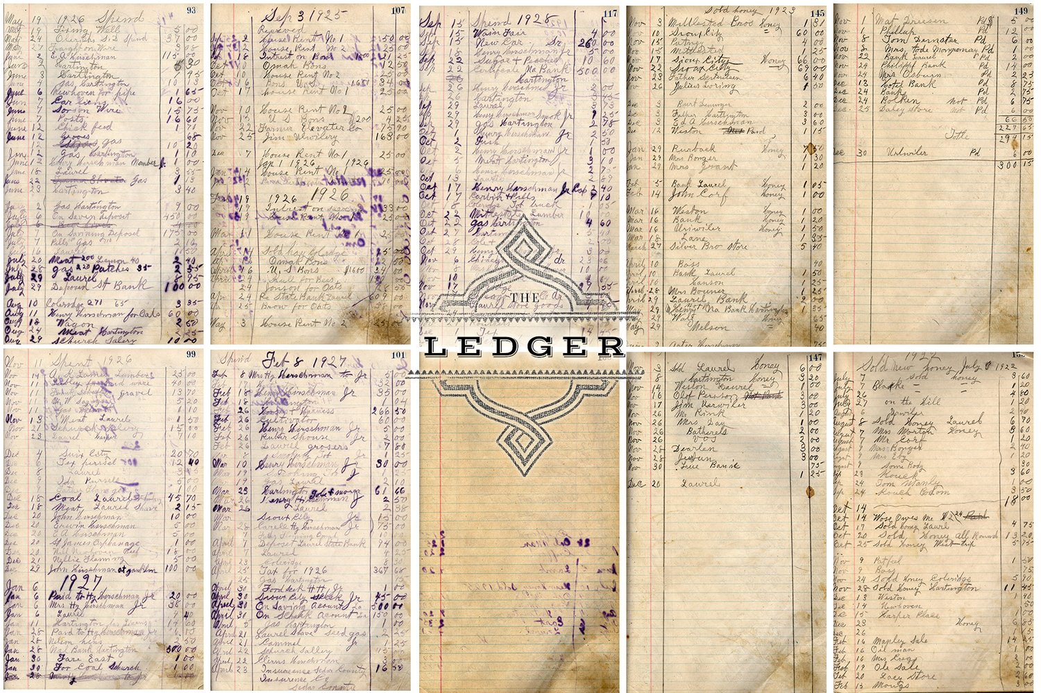 Digital ledger papers and overlay graphics.