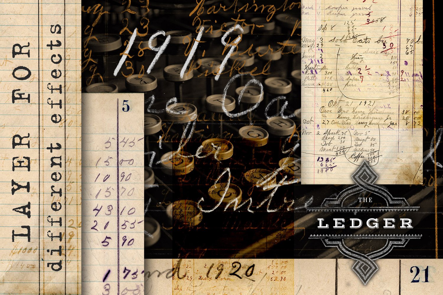 Digital ledger papers and overlay graphics.