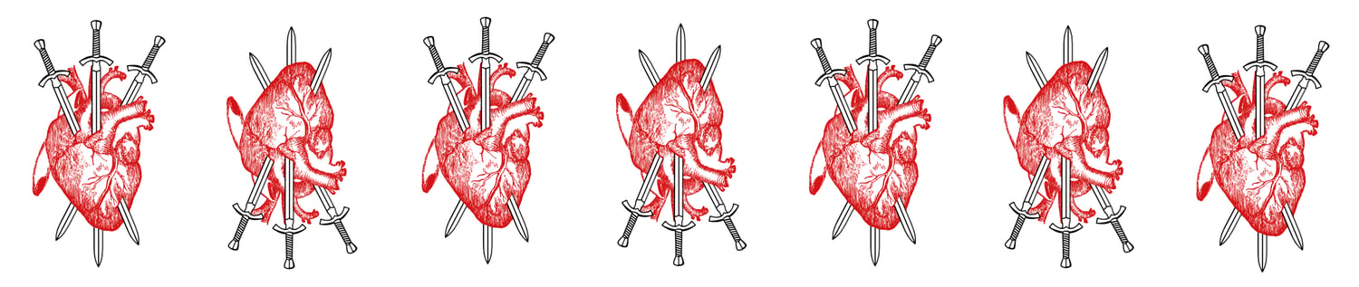 a row of heart diagrams speared with three swords.