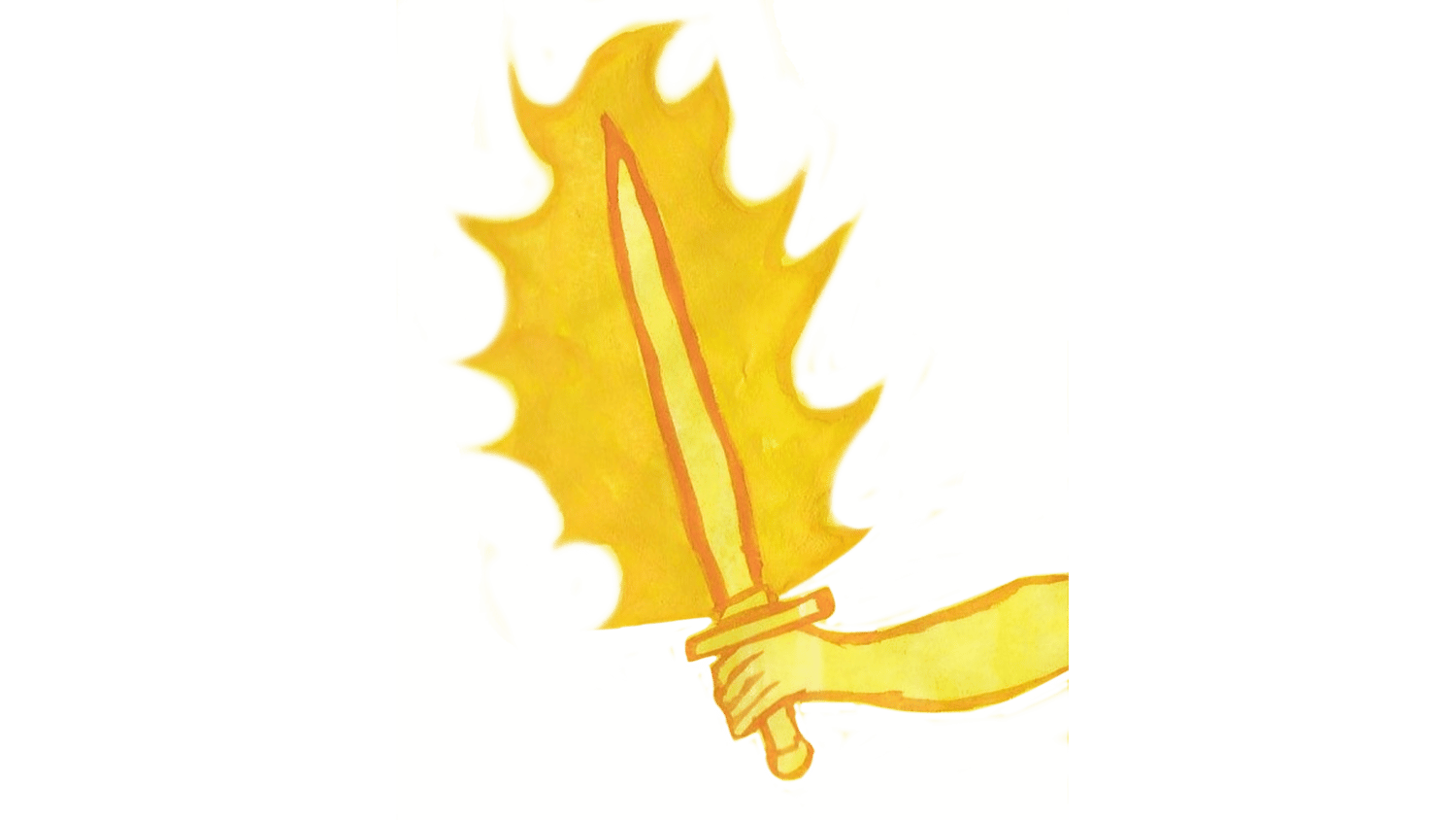 A watercolour drawing of a yellow hand holding a flaming sword.