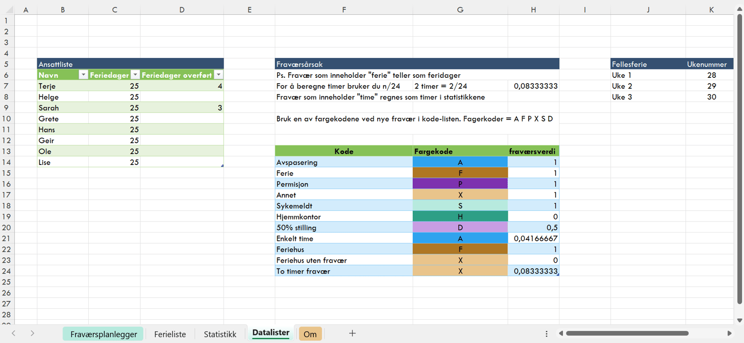 dataliste ferie og fraværsløsning i Excel