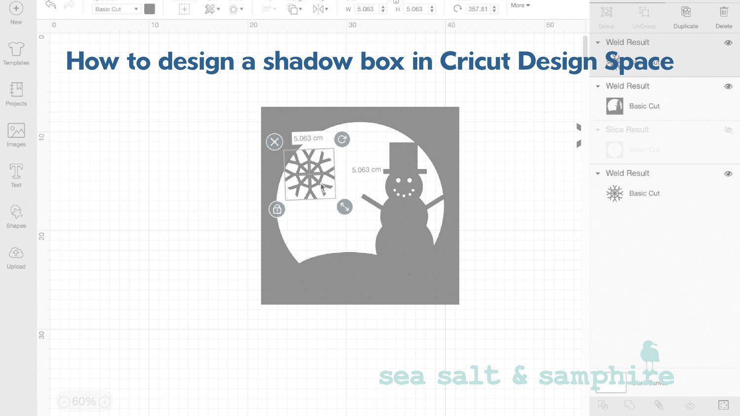 Image of the design screen in Cricut Design Space with the header How to design a shadow box in Cricut Design Space