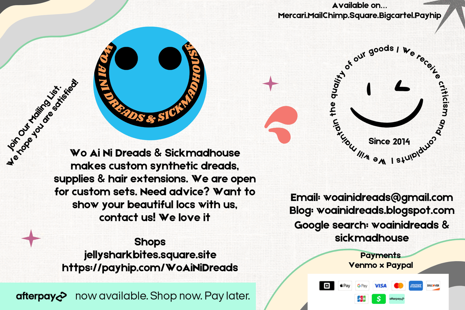 Join our mailing list. We hope you are satisfied! Wo Ai Ni Dreads and Sickmadhouse makes custom synthetic dreads, supplies and hair extensions. We are open for custom sets. Need advice? Want to show your beautiful locs with us, contact us! We love it. Sho