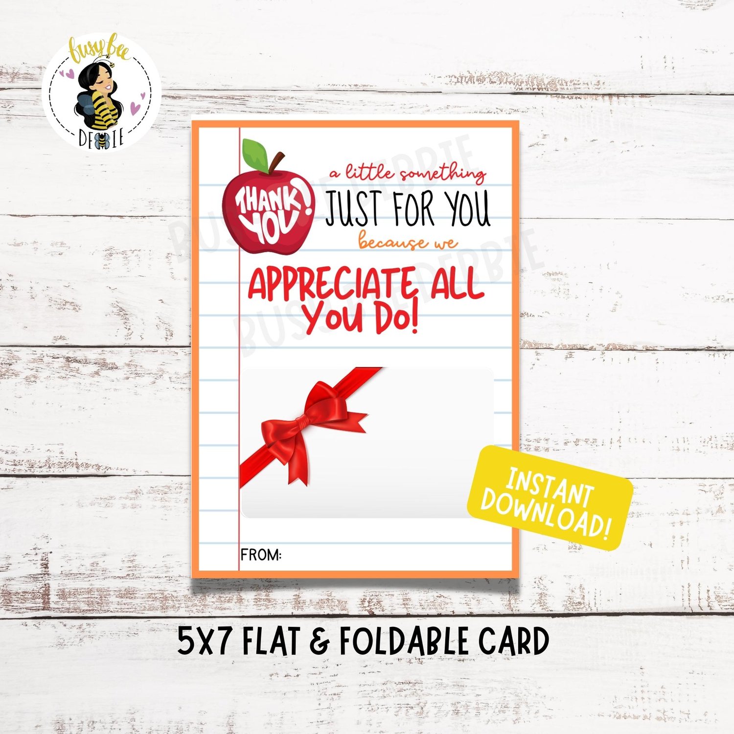 INSTANT DOWNLOAD  Gift Card Teacher Appreciation Gift Teacher Thank  You End of the Year Teacher Gift 5x7 Gift Card DIY Printable 