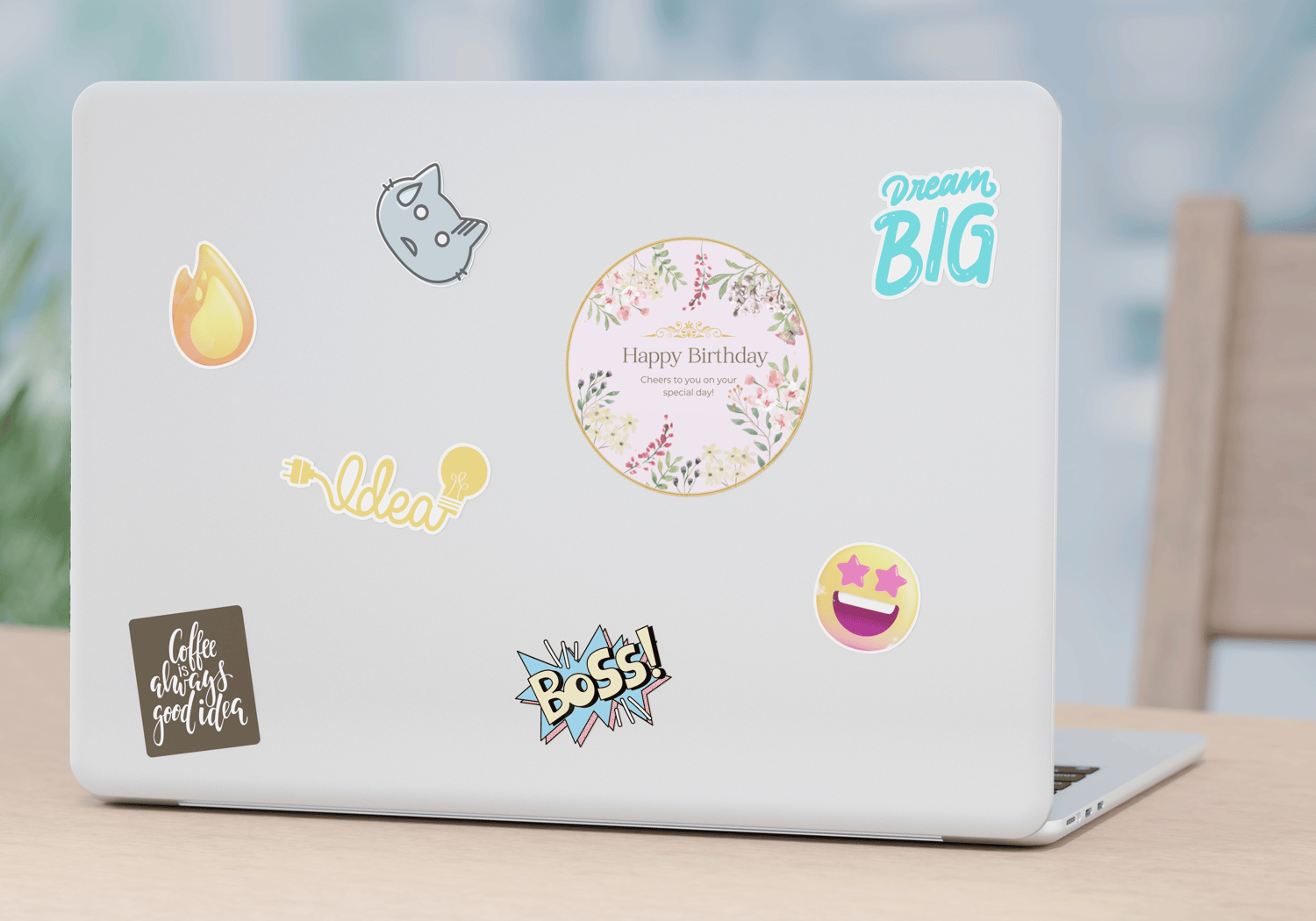 Watercolour Floral Circle Sticker | Customizable Canva Template | Digital. Mock sticker on laptop