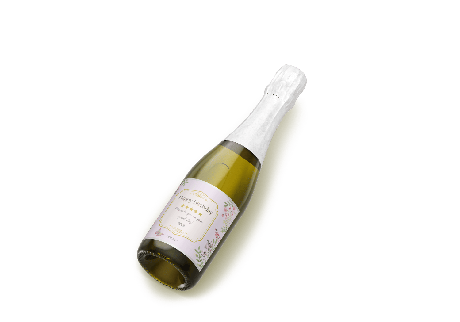 Watercolour Floral Sticker Label 4"x3" | Customizable Canva Template | Digital. Mock sticker on small wine bottle