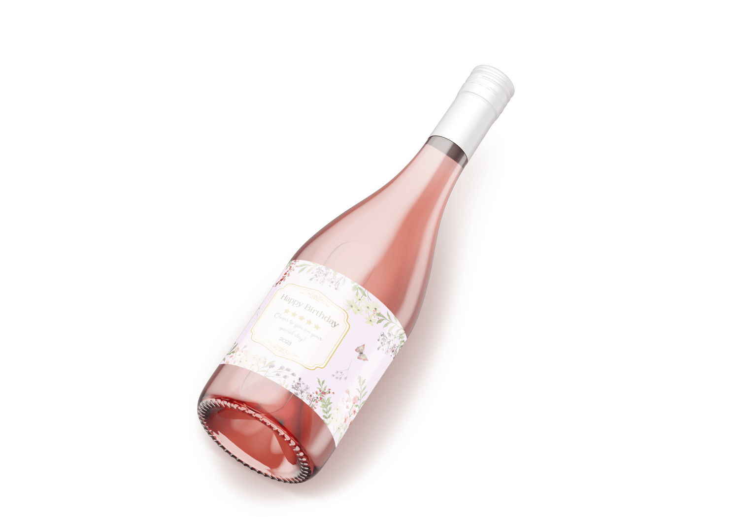 Watercolour Floral Sticker Label 6"x4" | Customizable Canva Template | Digital. Mock sticker on rose wine bottle