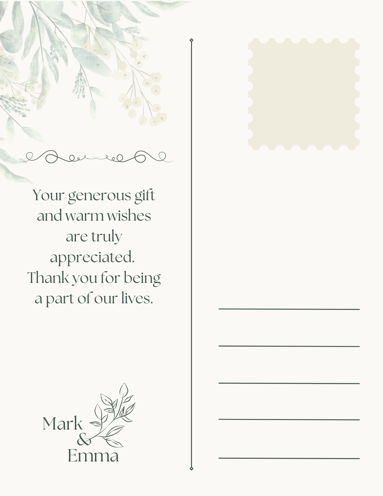 Fresh Elegance Postcard Portrait | Customizable Canva Template | Digital Download. Back design