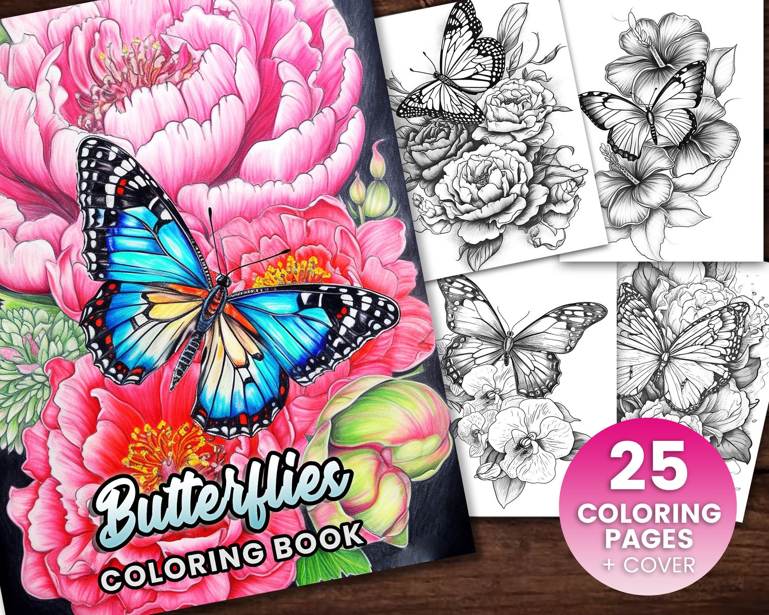 25 Butterflies Coloring Book, Adults kids Instant Download