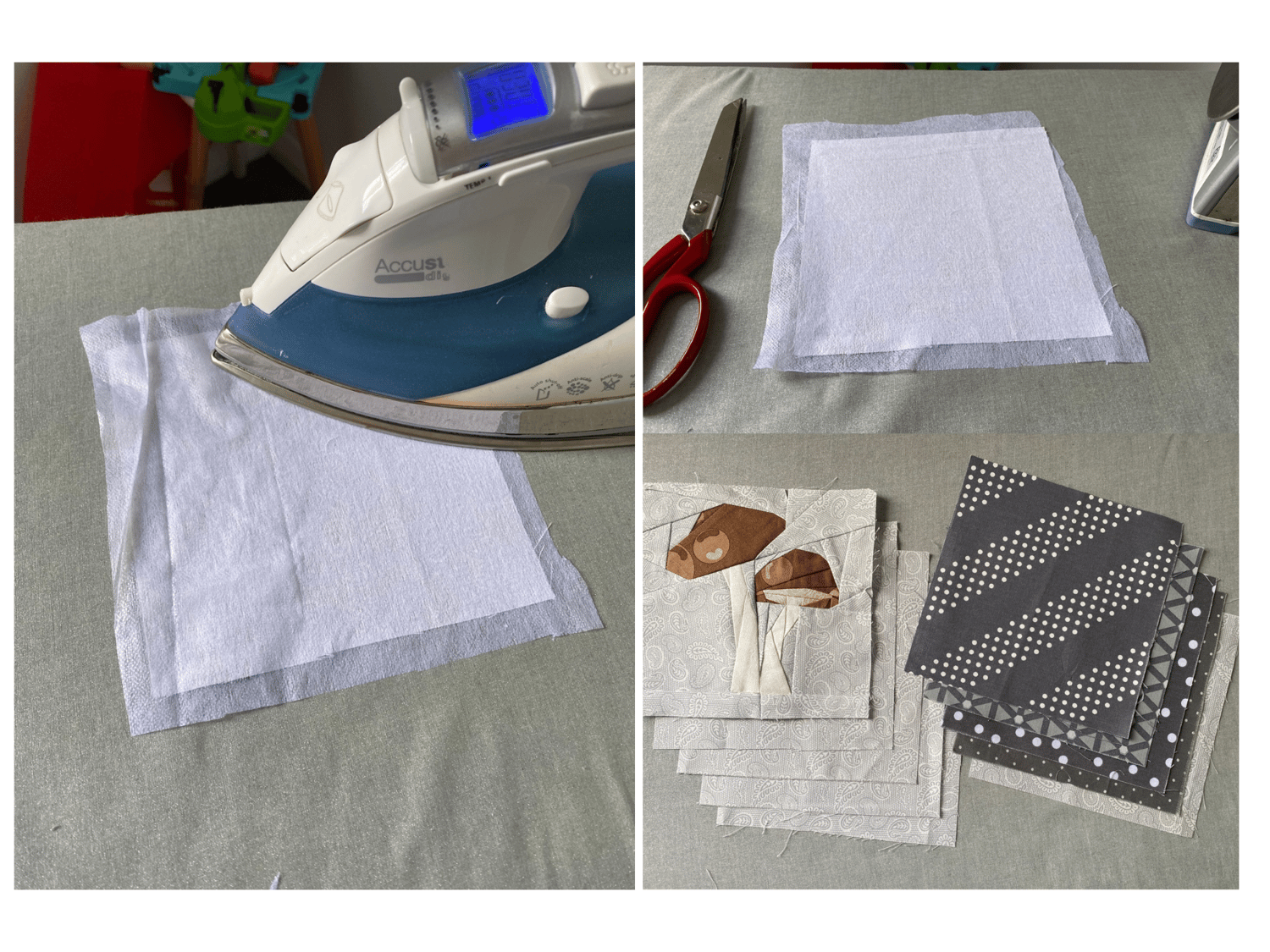 It is important to prepare your quilt blocks and fabric squares by attaching fusible interface to the back of each piece of fabric and then trimming them to size.