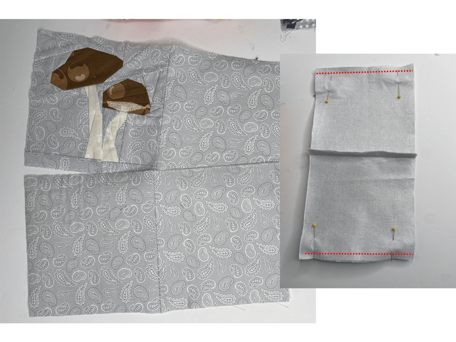 Sew your mushroom quilt block together with another fabric square and then use the remaining squares to create a loop for the outside casing of your fabric storage cube,