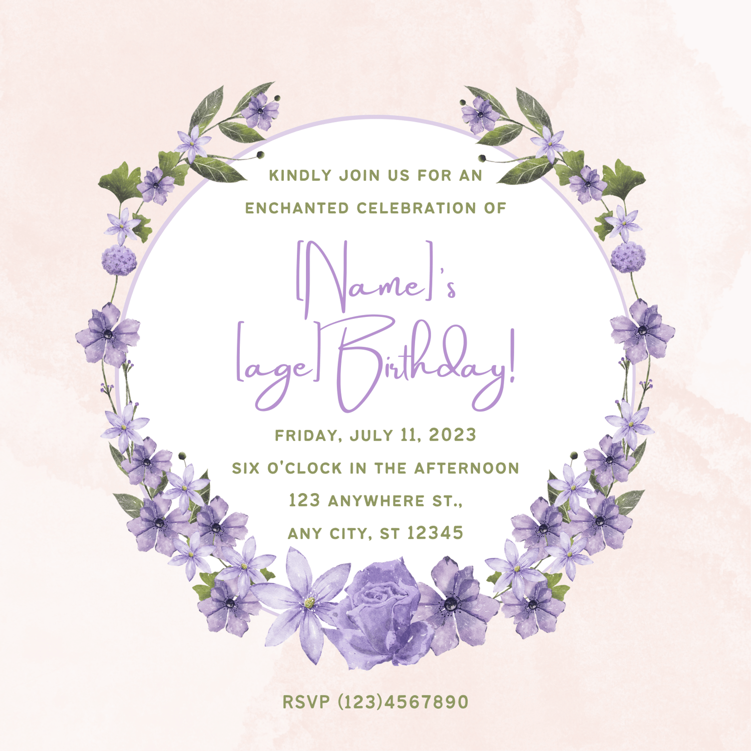 Delicate Purple Floral Frame Invitation | Canva Template | Digital. Design