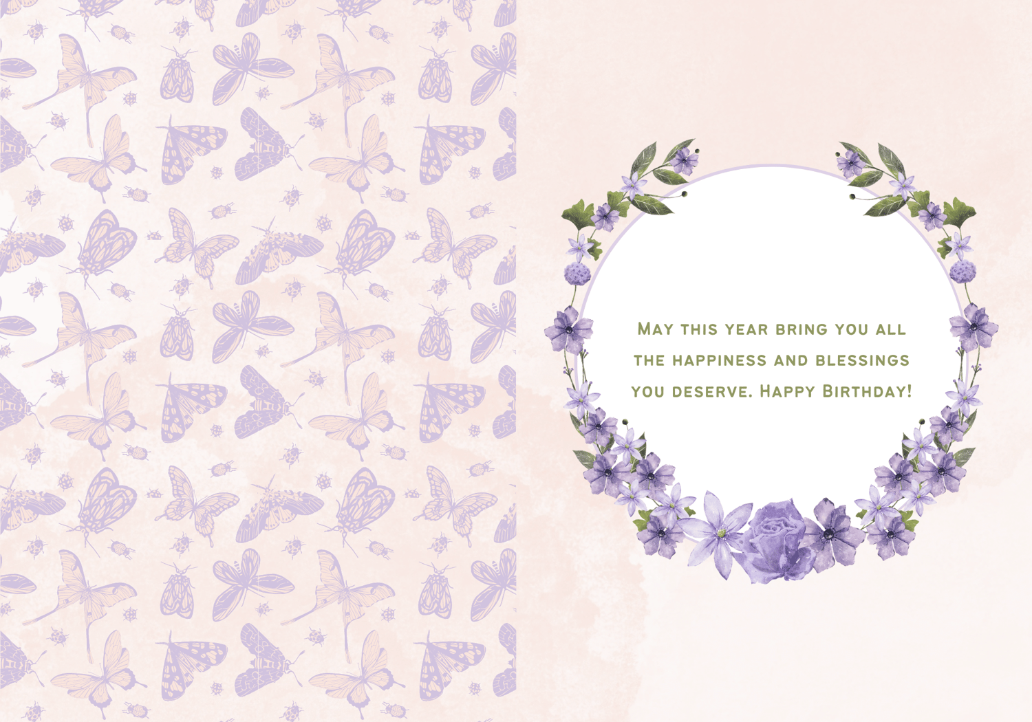Delicate Purple Floral Frame Folded Card Portrait | Customizable Canva Template | Digital. Inside design
