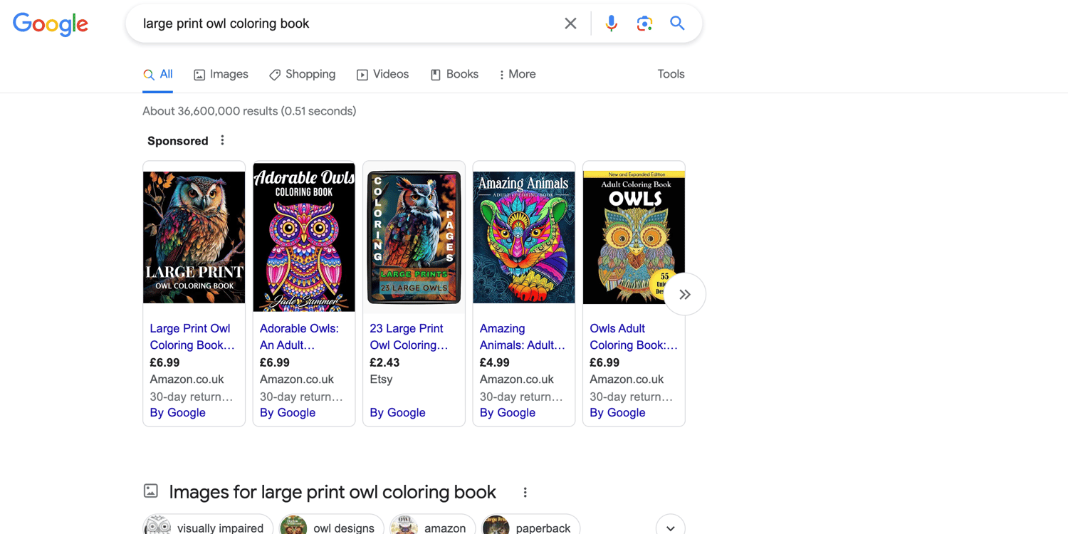 My large print owl coloring book on google search