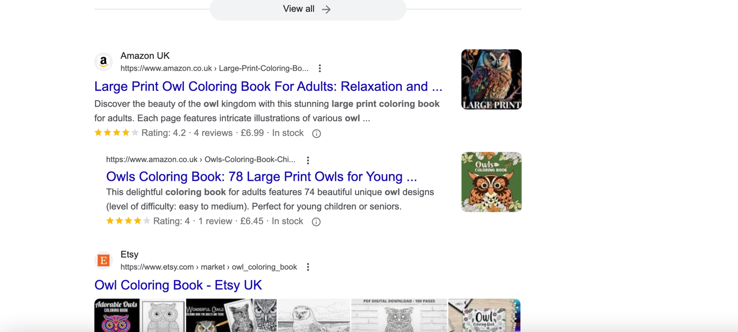 My large print owl coloring book webpage link to amazon