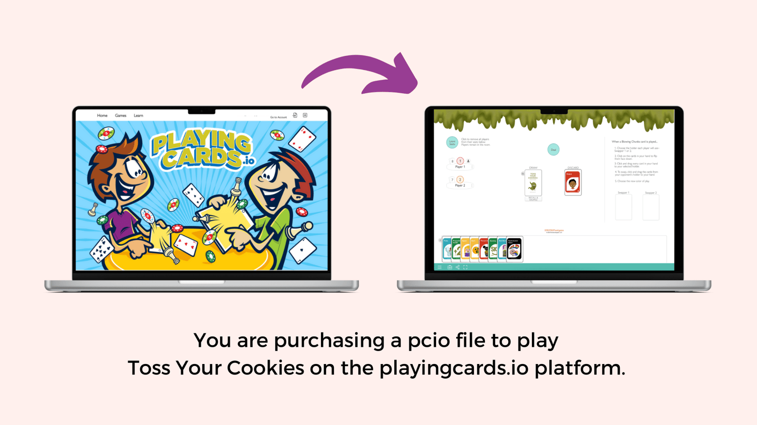 two laptops one displaying the playingcards.io website with a purple arrow pointing a the second laptop displaying the digital version of toss your cookies, an emetophobia teletherapy game
