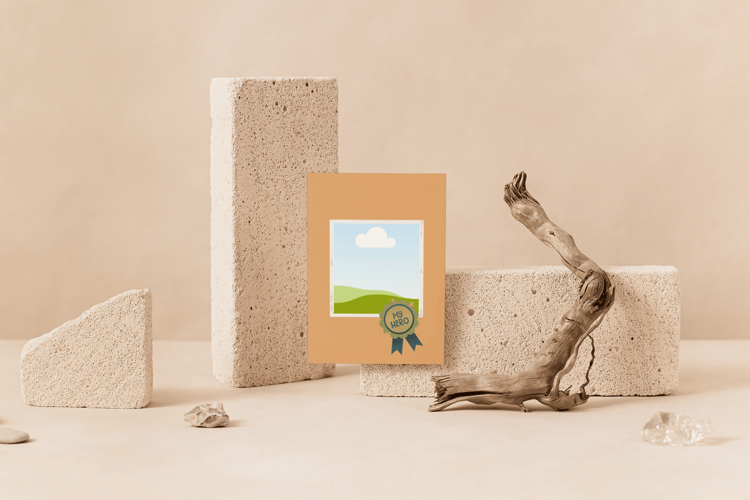 Customizable Father's Day Card Template - 'My Hero' badge and Photo Frames, mock image