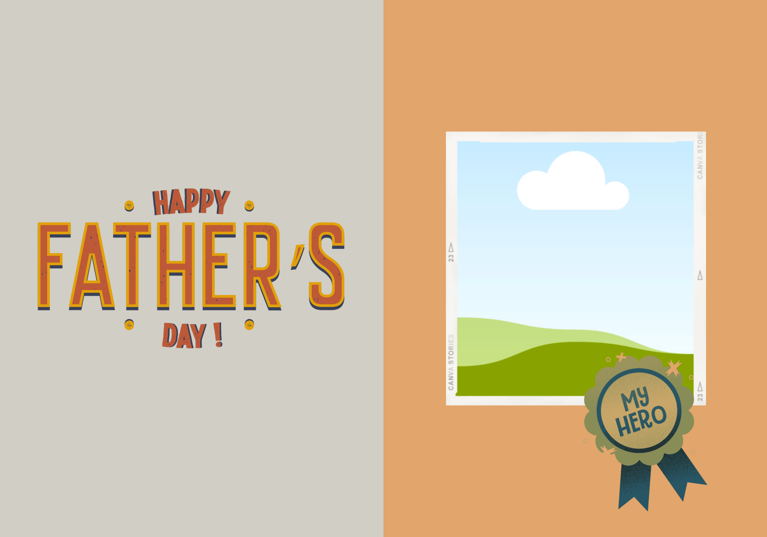 Customizable Father's Day Card Template - 'My Hero' badge and Photo Frames, outside