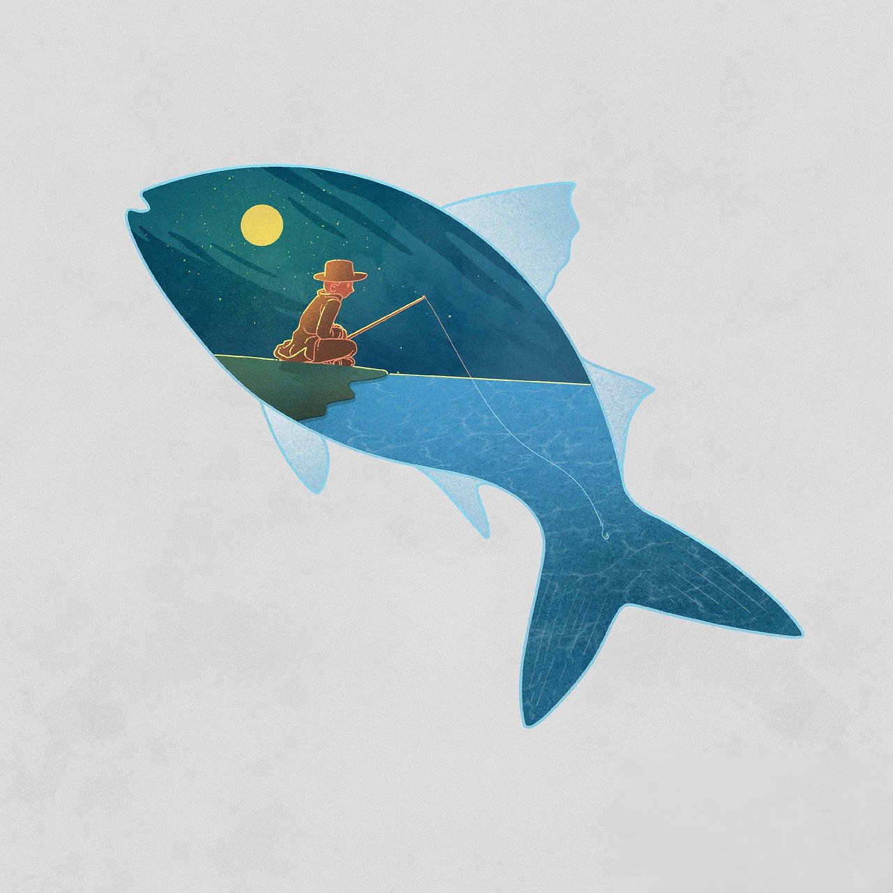 Dibujo de un pescador y paisaje nocturno con forma de pez