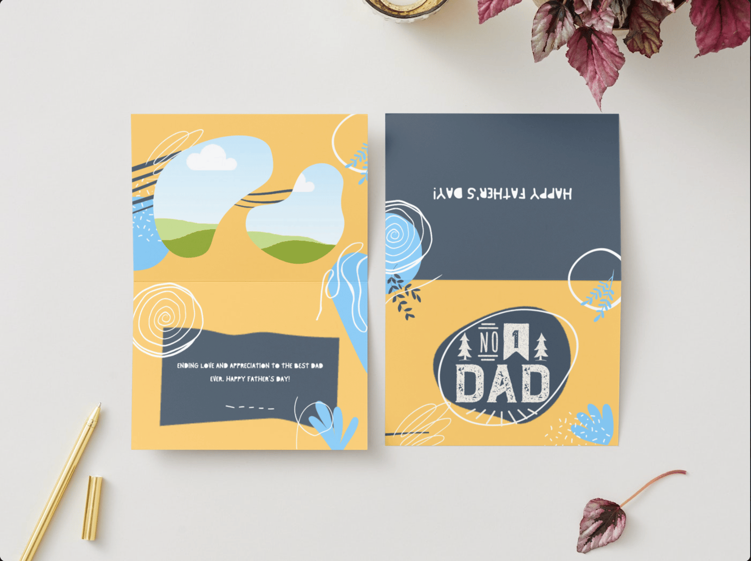 Customizable Father's Day Card Template - 'No 1 Dad' and Photo Frames, Landscape, mock image, outside and inside