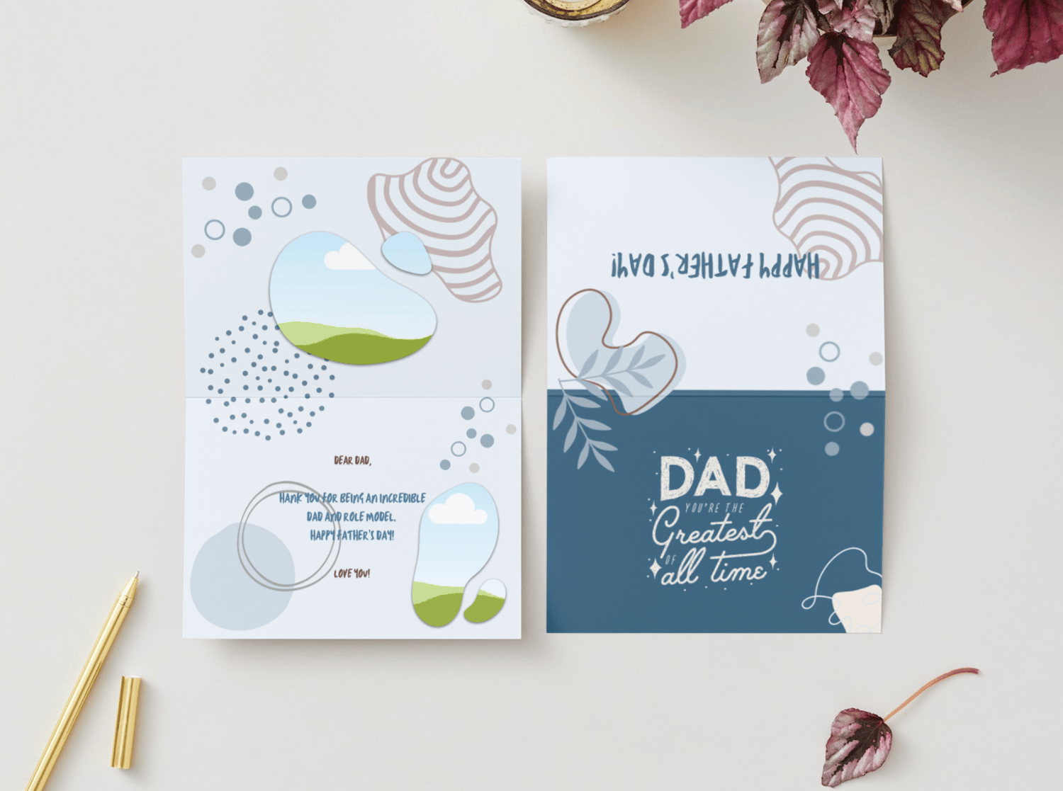 Customizable Father's Day Card Template - 'The Greatest of All Time' and Photo Frames, Landscape, mock image, outside and inside