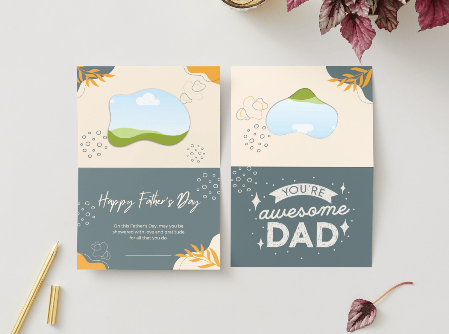 Customizable Father's Day Card Template - 'Awesome Dad' and Photo Frames, Landscape, mock image, outside and inside
