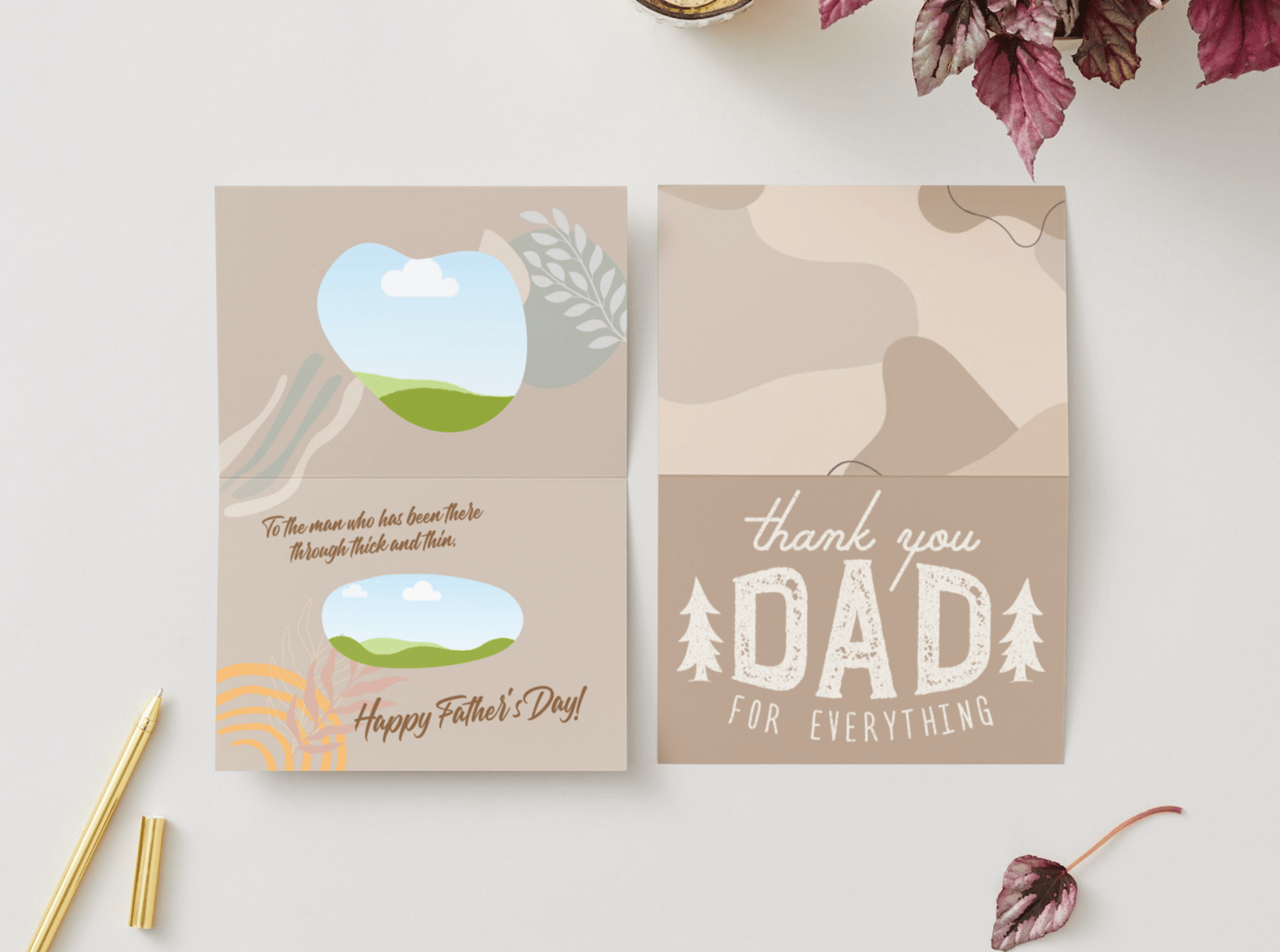 Customizable Father's Day Card Template - 'Thank you Dad' and Photo Frames, Landscape, mock image, outside and inside