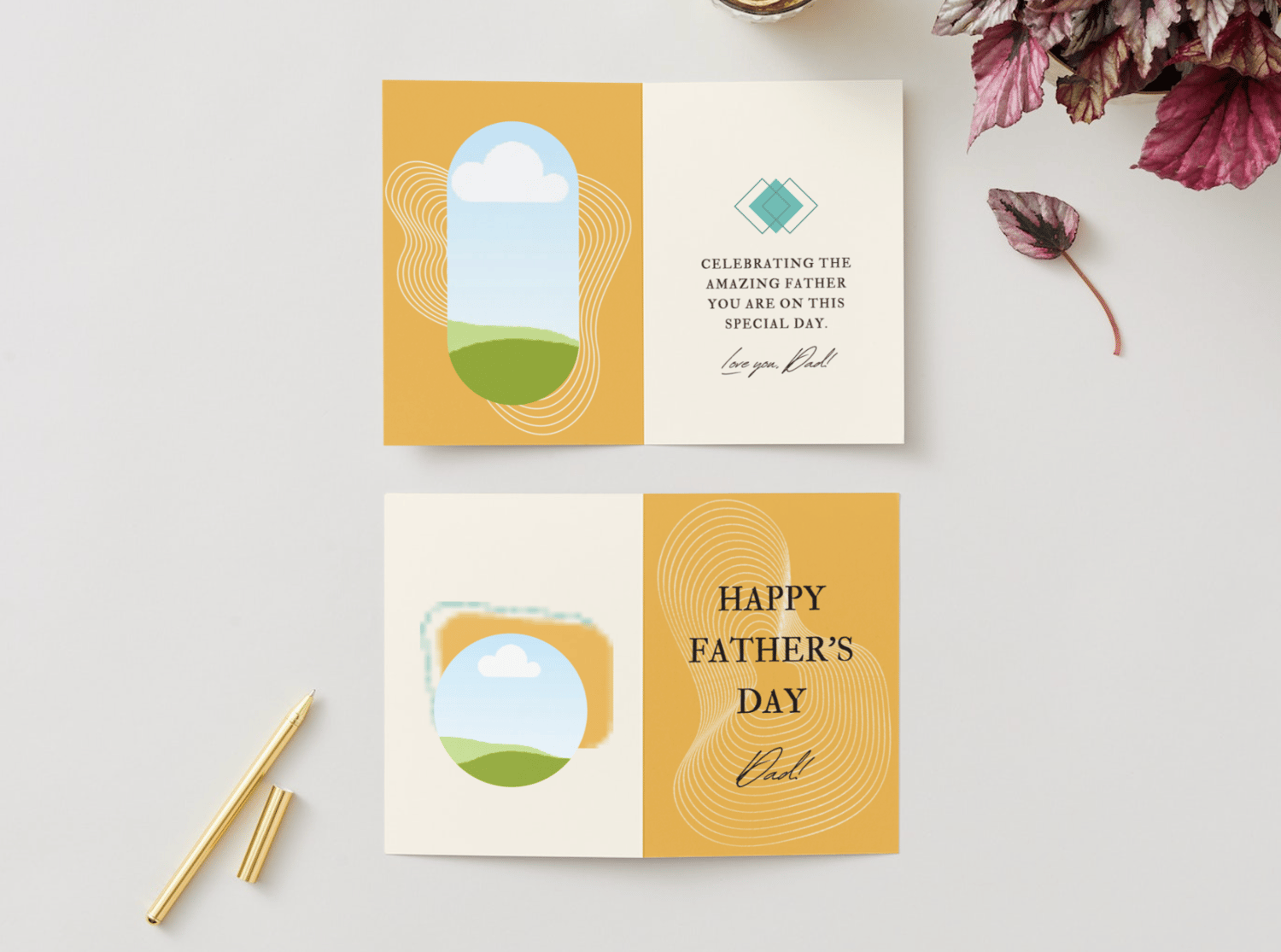 Customizable Father's Day Card Template - 'Geometric Lines' and Photo Frames, Landscape, mock image, outside and inside