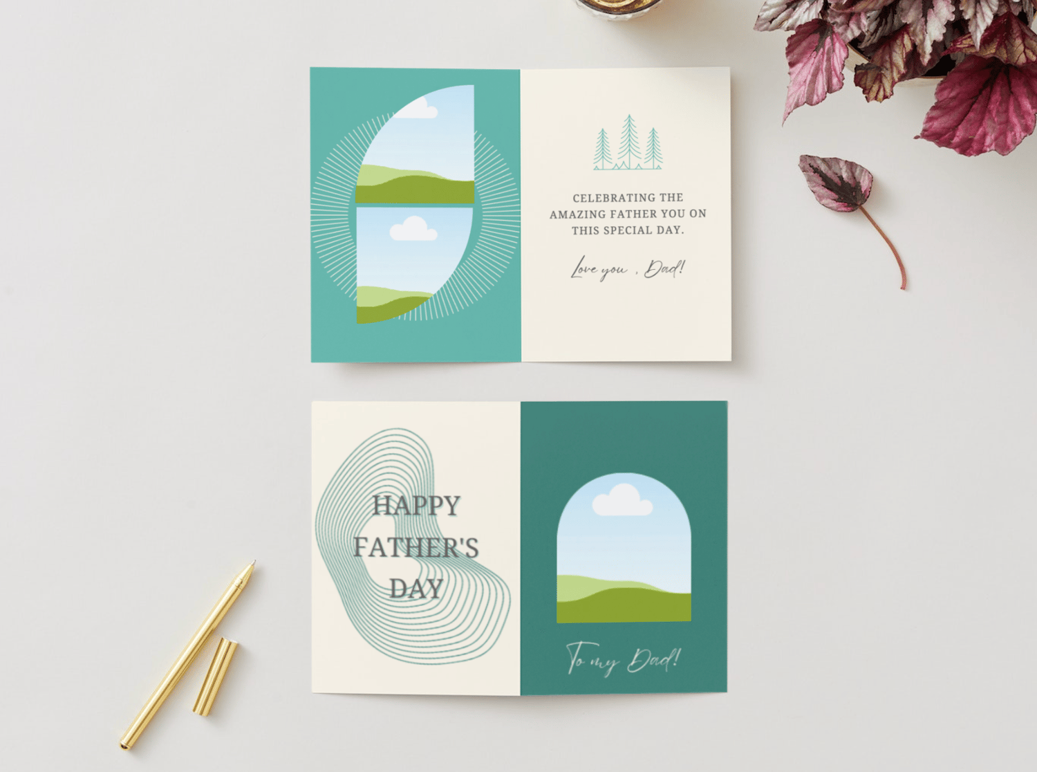 Customizable Father's Day Card Template - 'Lines and Shapes' and Photo Frames, Landscape, mock image, outside and inside