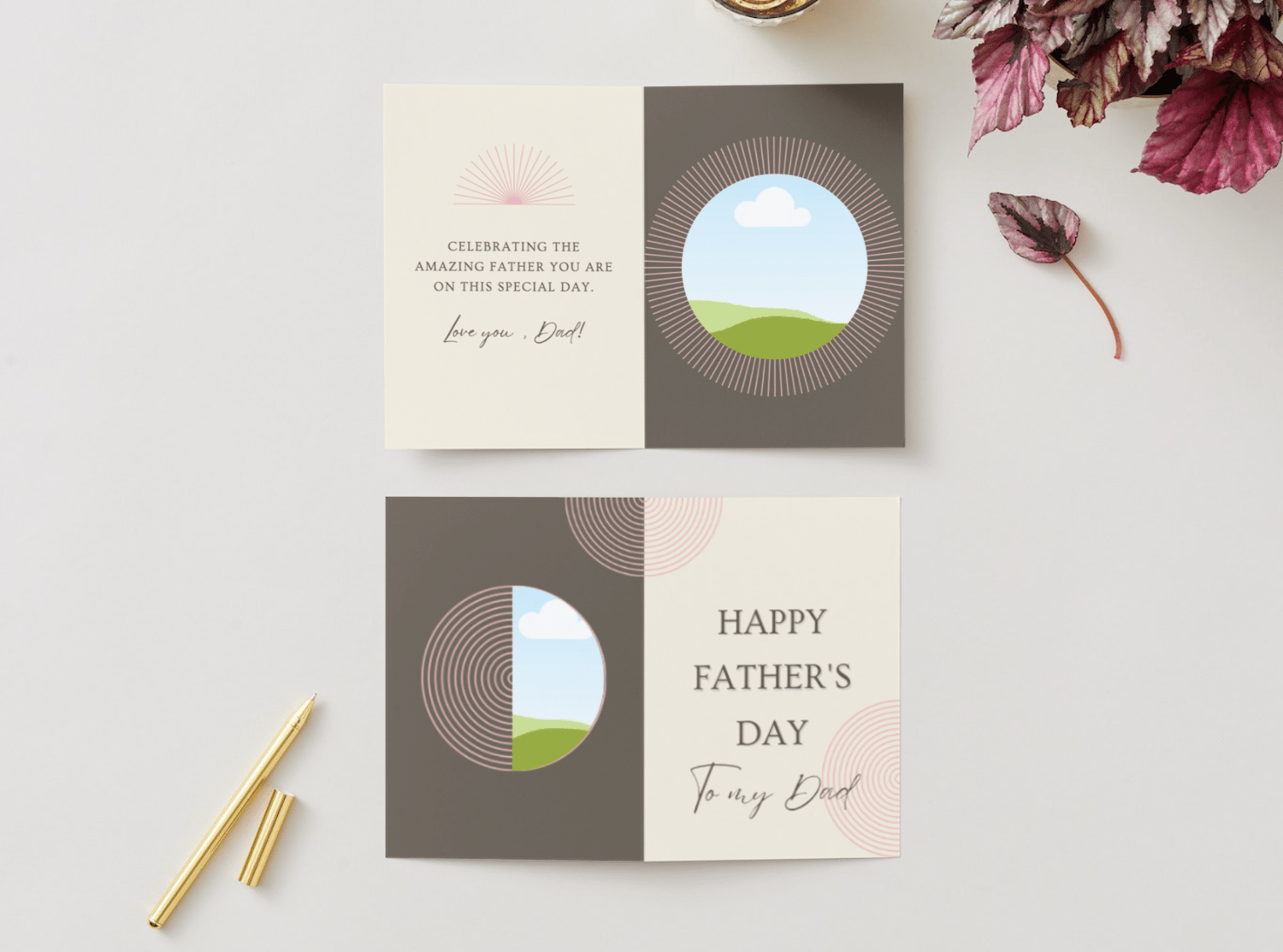 Customizable Father's Day Card Template - 'Circle Shape and Lines' and Photo Frames, Landscape, mock image, outside and inside