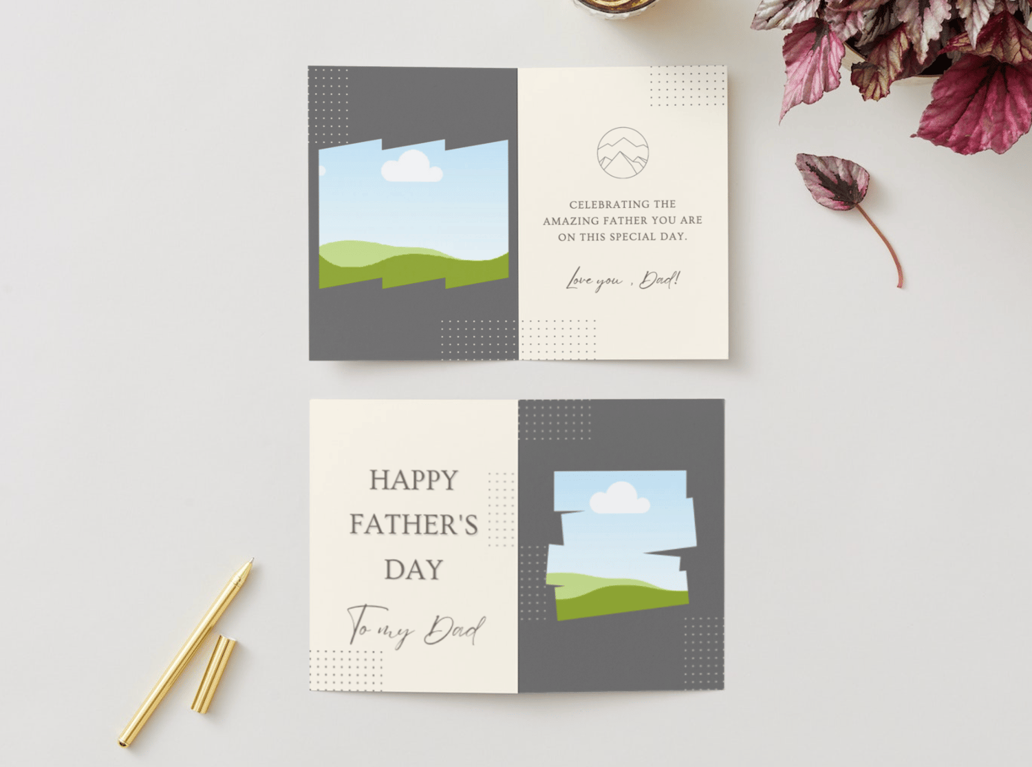Customizable Father's Day Card Template - 'Dots and Rectangle Shape' and Photo Frames, Landscape, mock image, outside and inside