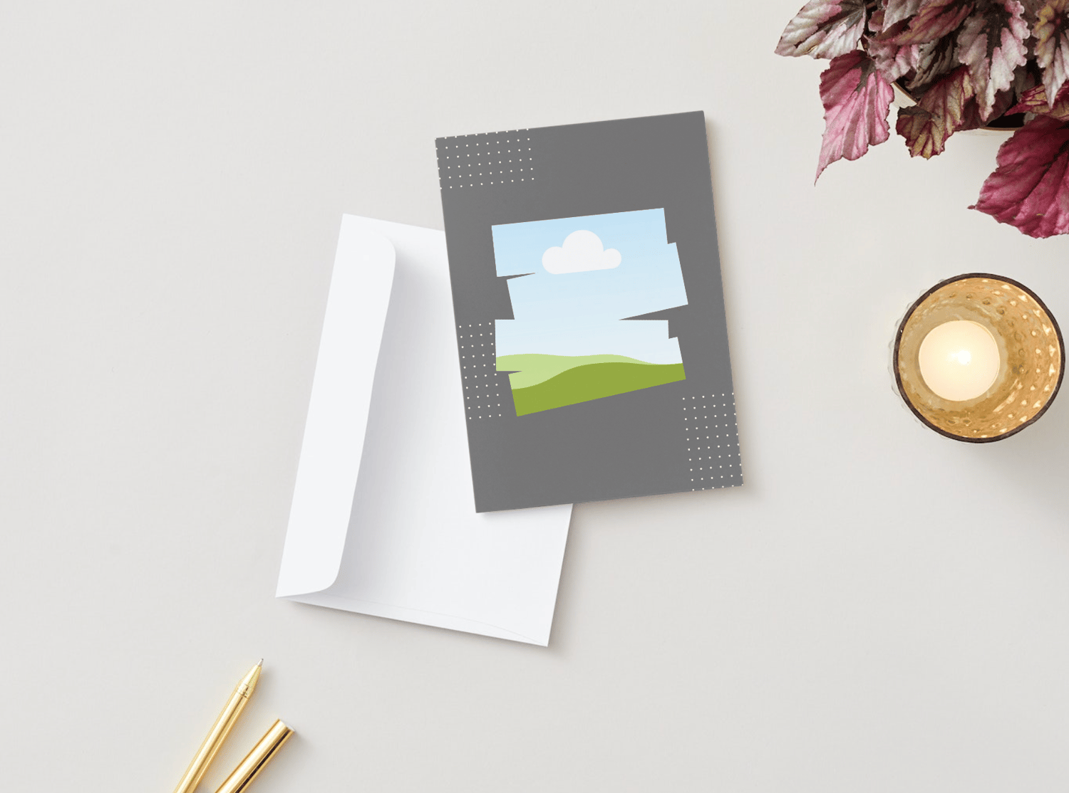 Customizable Father's Day Card Template - 'Dots and Rectangle Shape' and Photo Frames, Landscape, mock image, outside front