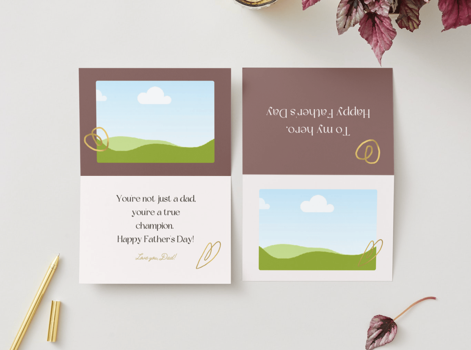 Customizable Father's Day Card Template - 'To My Hero' and Photo Frames, Landscape, mock image, outside and inside