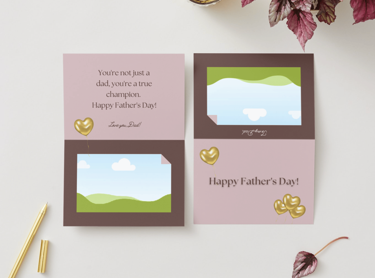 Customizable Father's Day Card Template - 'True Champion' and Photo Frames, Landscape, mock image, outside and inside