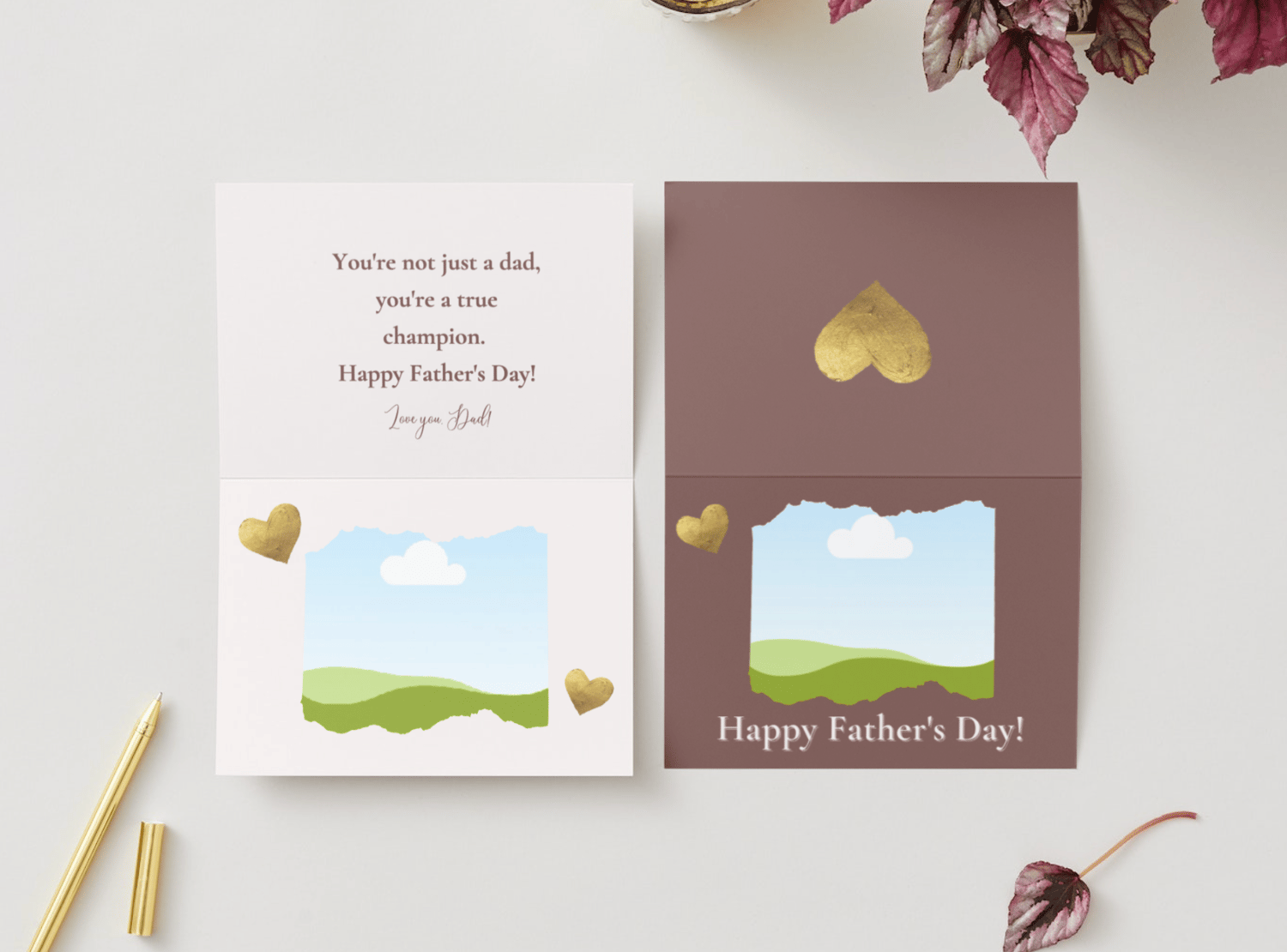 Customizable Father's Day Card Template - 'Golden Heart' and Photo Frames, Landscape, mock image, outside and inside