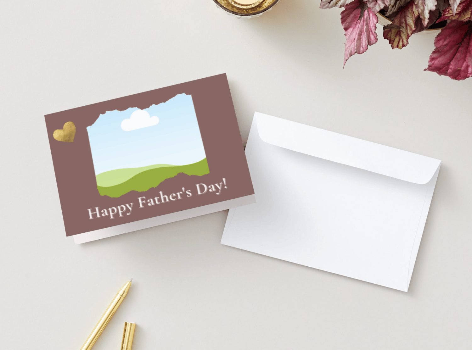 Customizable Father's Day Card Template - 'Golden Heart' and Photo Frames, Landscape, mock image, outside front