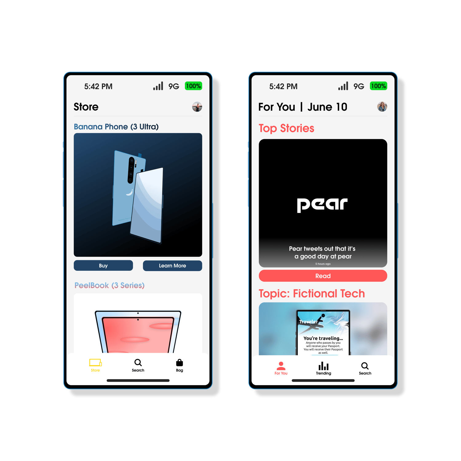 2 Vertical Banana Phone 3 Ultra's in Ocean Blue, Side by Side on a White Background with the Phone's making a Black Shadow. The Left Banana Phone 3 Ultra has the new 'Banana Store' app open on the 'Store' Tab. The Right Banana Phone 3 Ultra has the new 'B