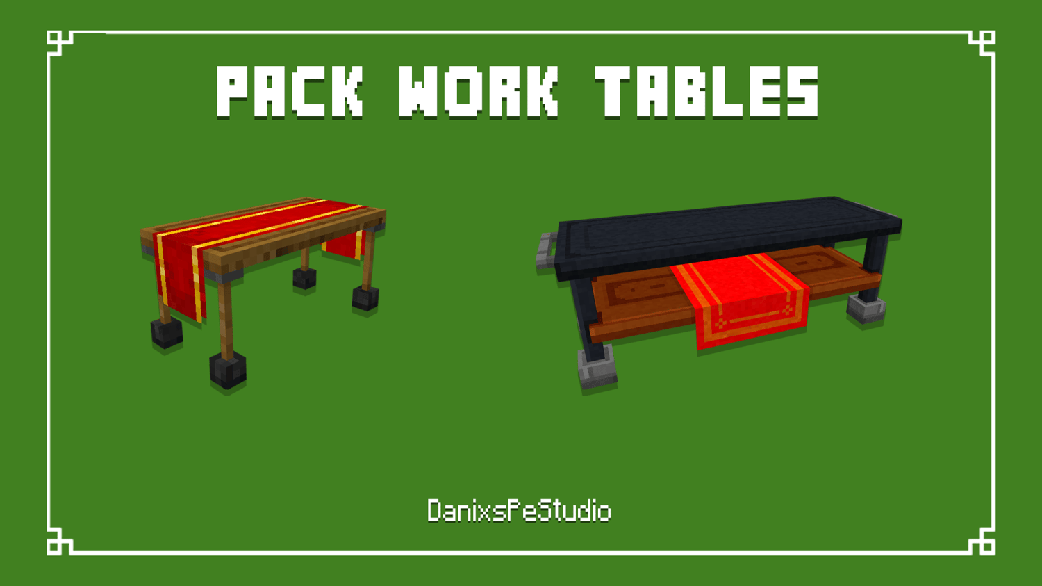 Este pack es un conjunto de mesas de trabajo o de hogar simple pero muy agradable para tu Minecraft!  El Pack Contiene: -Texturas (.PNG) -OBJ -JSON -BBMODEL
