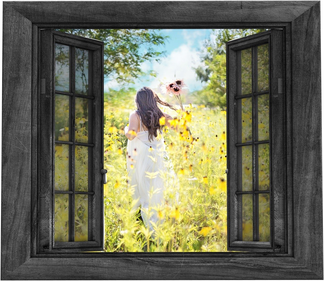 Ventana abierta, mujer de espaldas con vestido blanco, campo lleno de flores