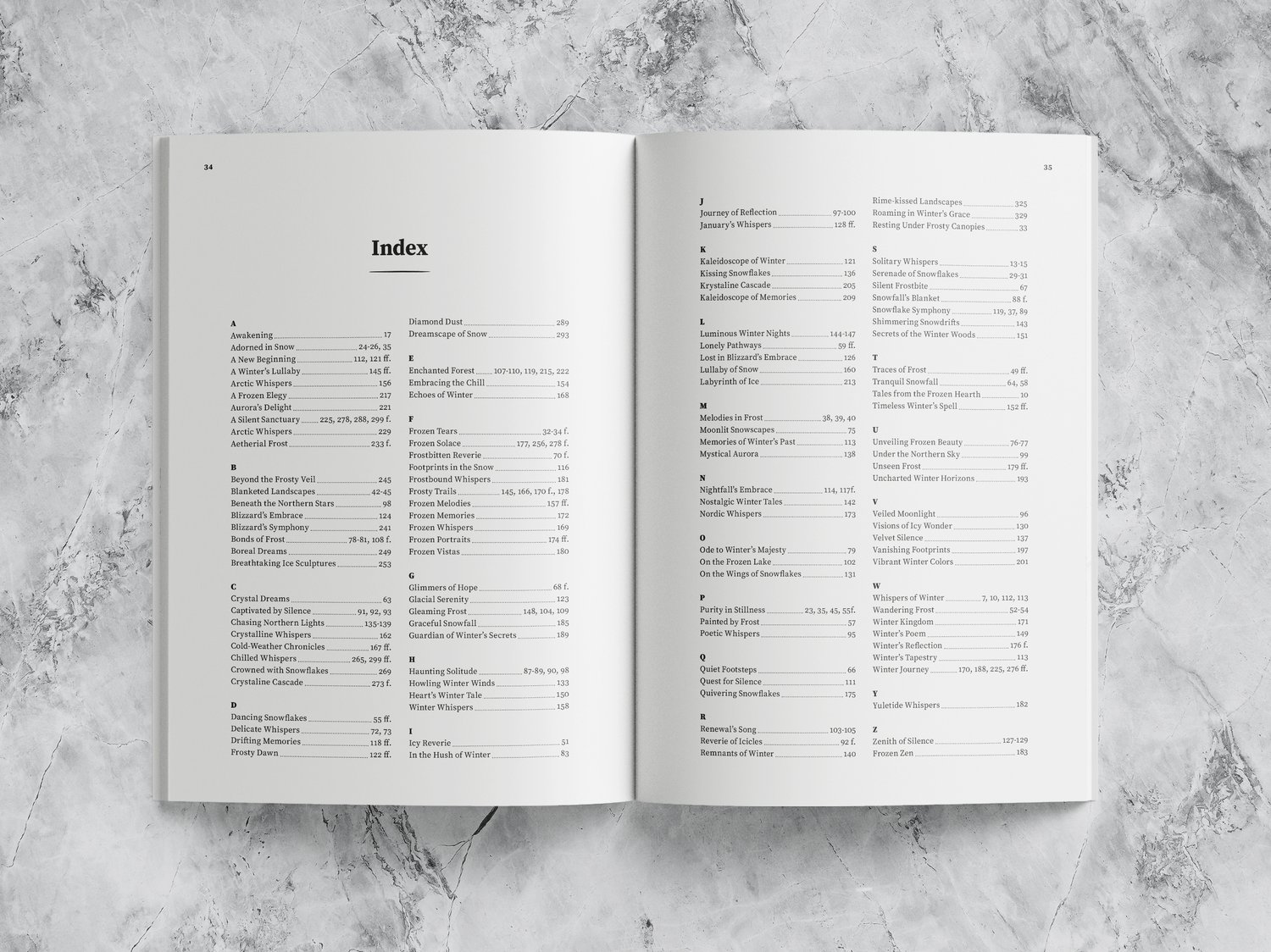 This spread shows an example of an index in alphabetical order.