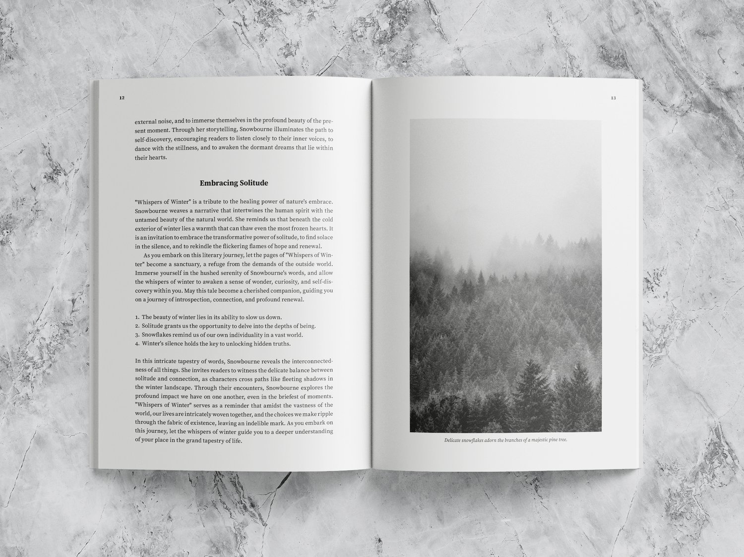 Mockup of the open book. On the right page is a picture of a foggy forest in winter.