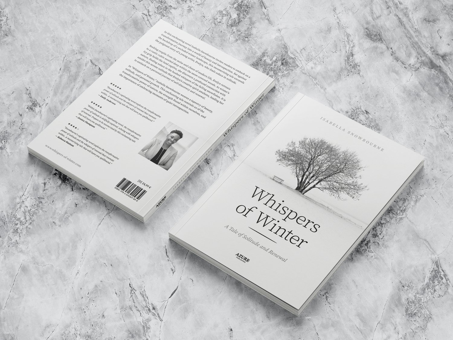 Paperback cover mockup (front and back), lying on gray marble surface.