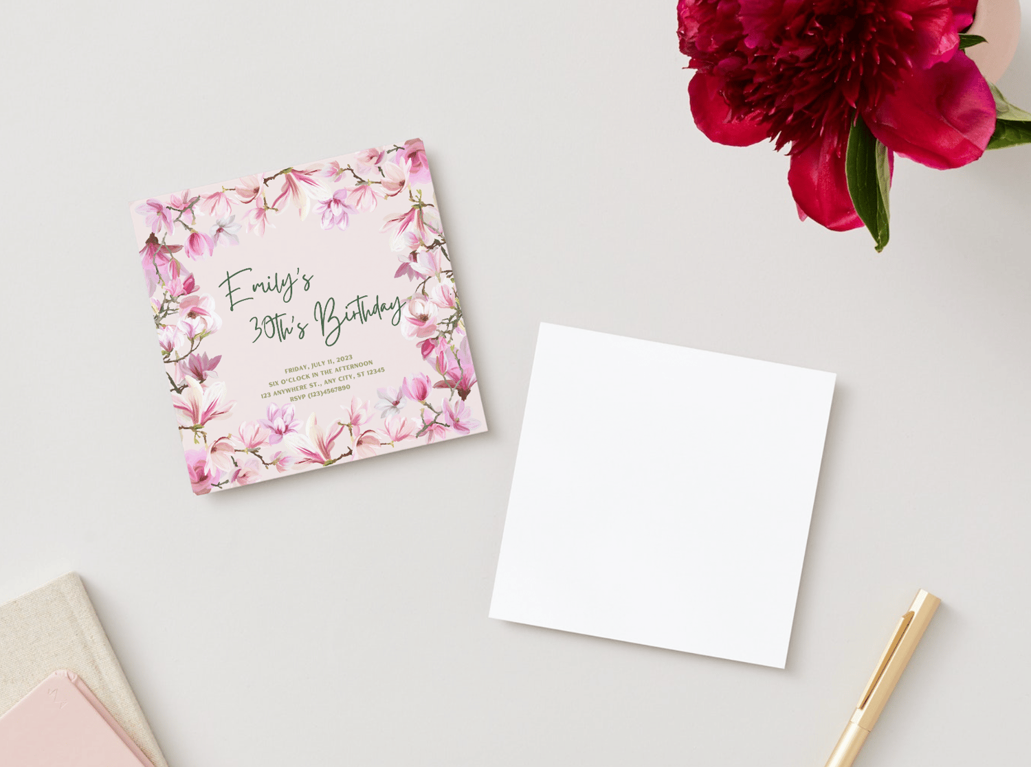 Pink Magnolia Flower Invitation | Canva Template | Digital. Mock front