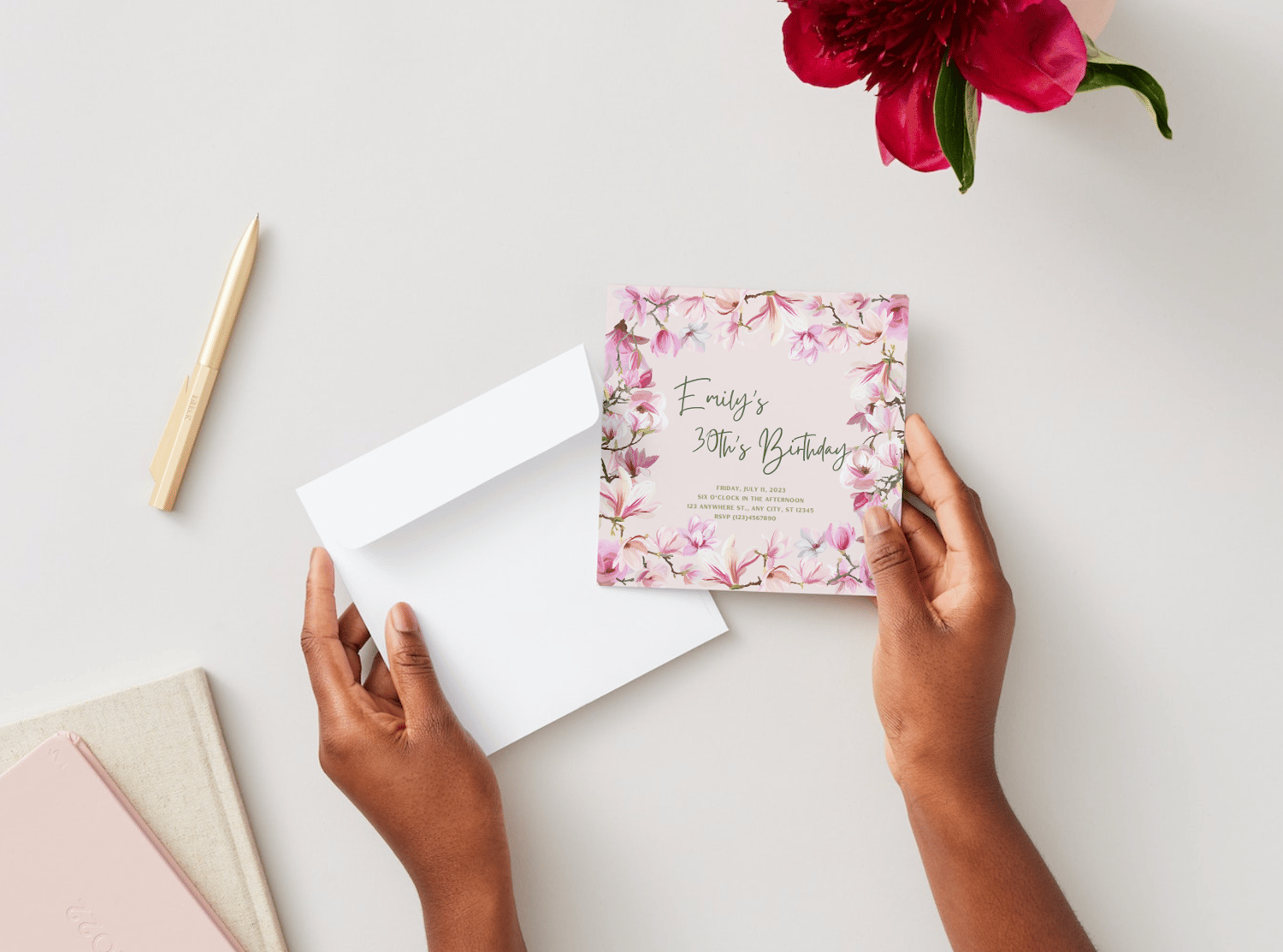 Pink Magnolia Flower Invitation | Canva Template | Digital. Mock front with envelope