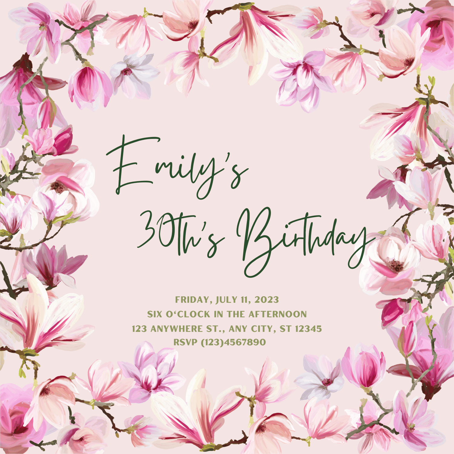Pink Magnolia Flower Invitation | Canva Template | Digital. Design