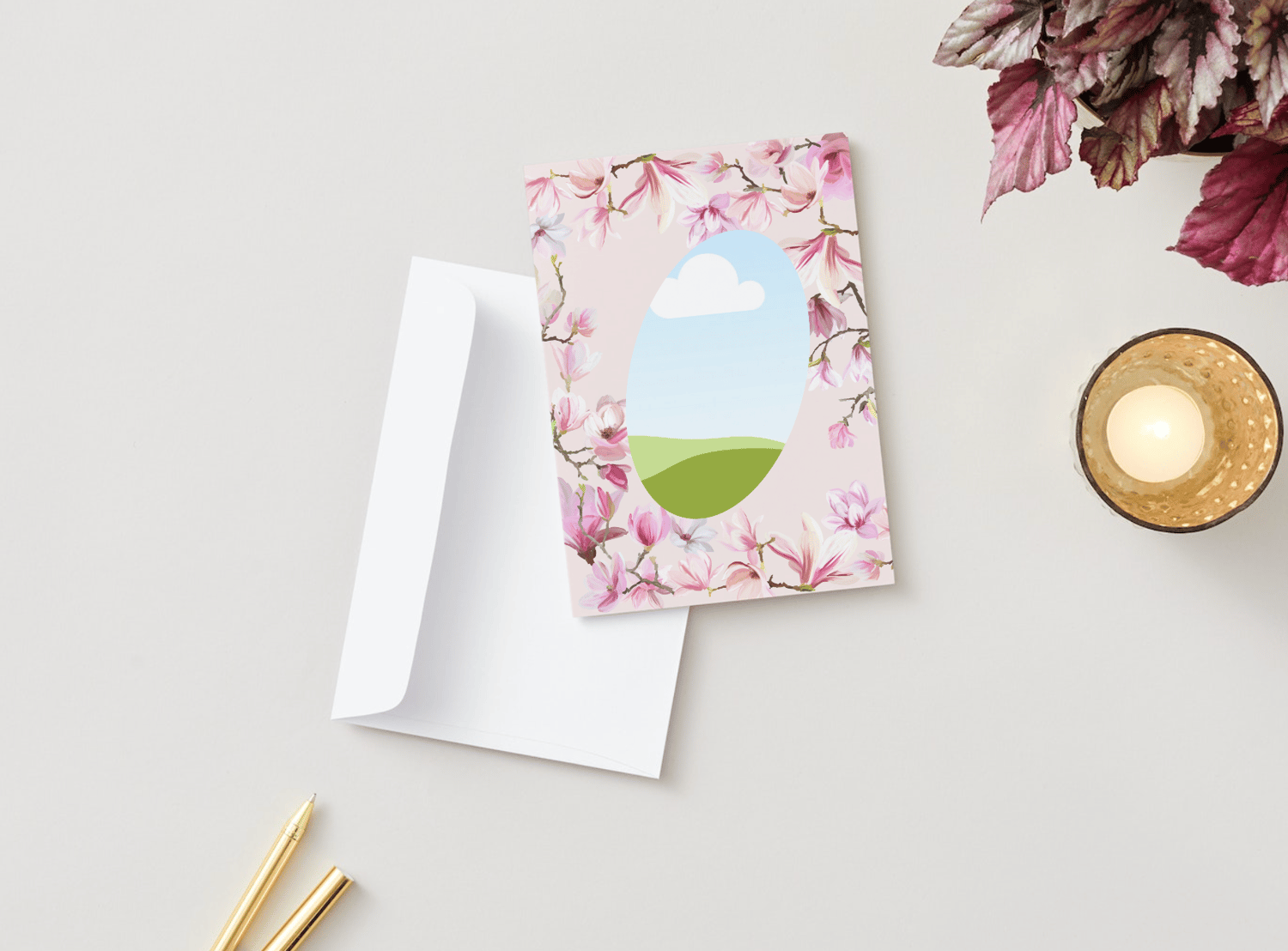 Pink Magnolia Flower Folded Card Portrait | Customizable Canva Template | Digital. Mock outside front with envelope