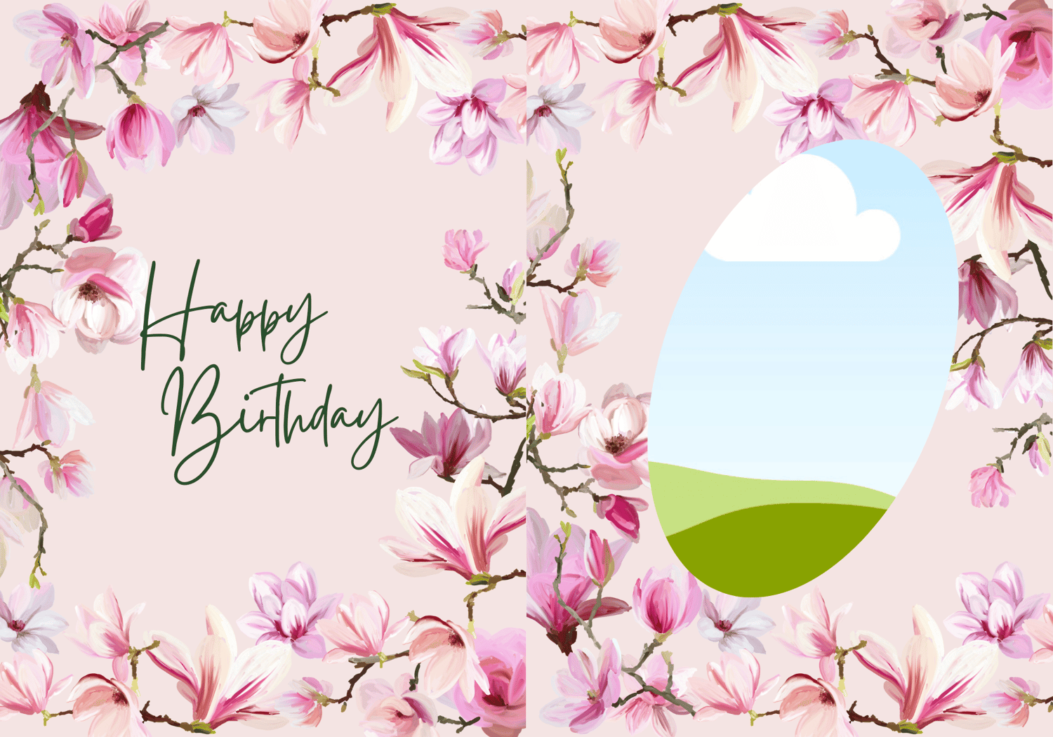 Pink Magnolia Flower Folded Card Portrait | Customizable Canva Template | Digital. Outside design